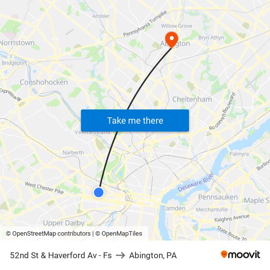 52nd St & Haverford Av - Fs to Abington, PA map