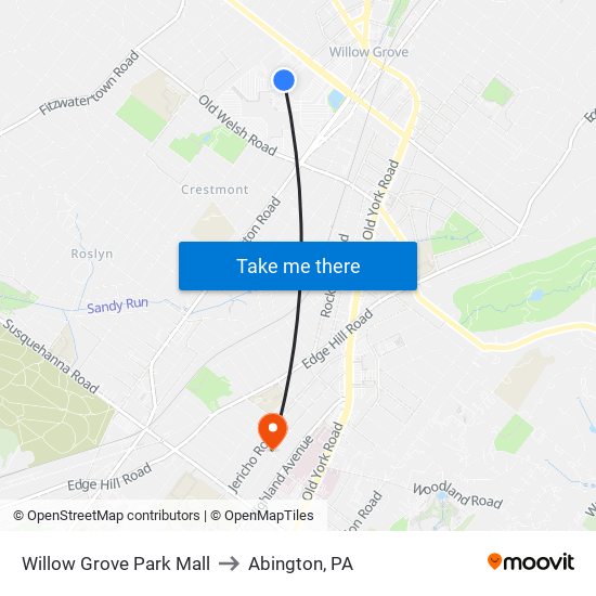 Willow Grove Park Mall to Abington, PA map