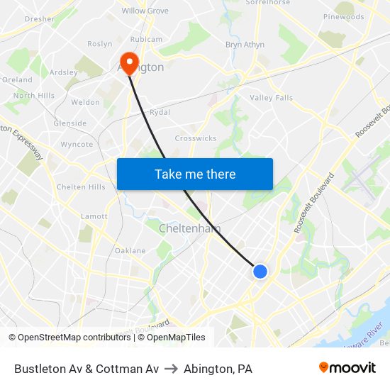 Bustleton Av & Cottman Av to Abington, PA map