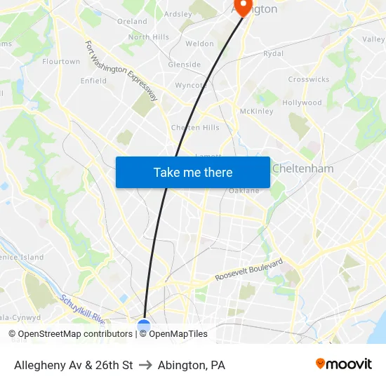 Allegheny Av & 26th St to Abington, PA map