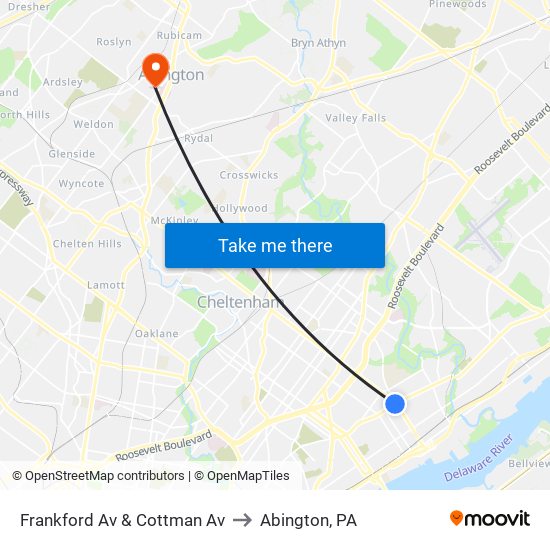 Frankford Av & Cottman Av to Abington, PA map