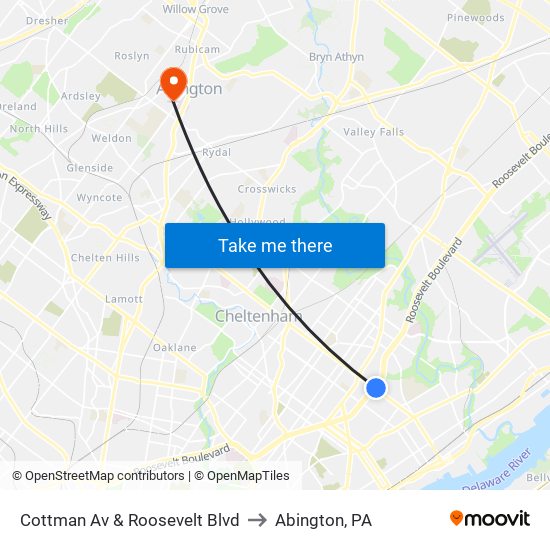 Cottman Av & Roosevelt Blvd to Abington, PA map