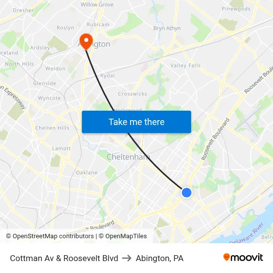 Cottman Av & Roosevelt Blvd to Abington, PA map