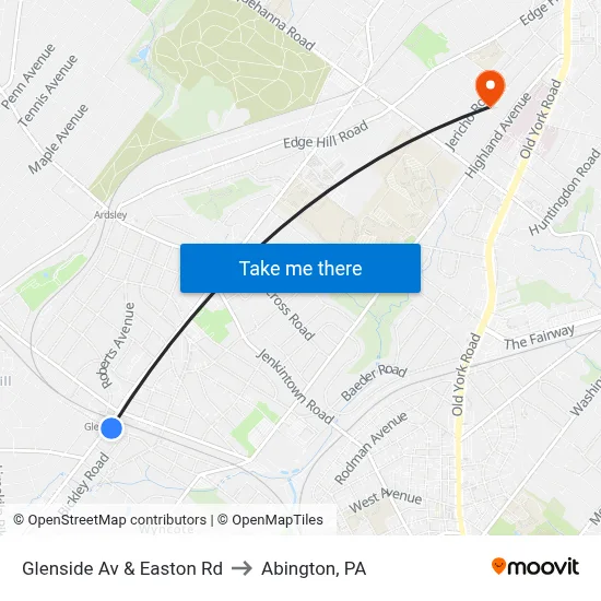 Glenside Av & Easton Rd to Abington, PA map
