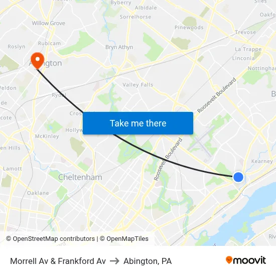 Morrell Av & Frankford Av to Abington, PA map