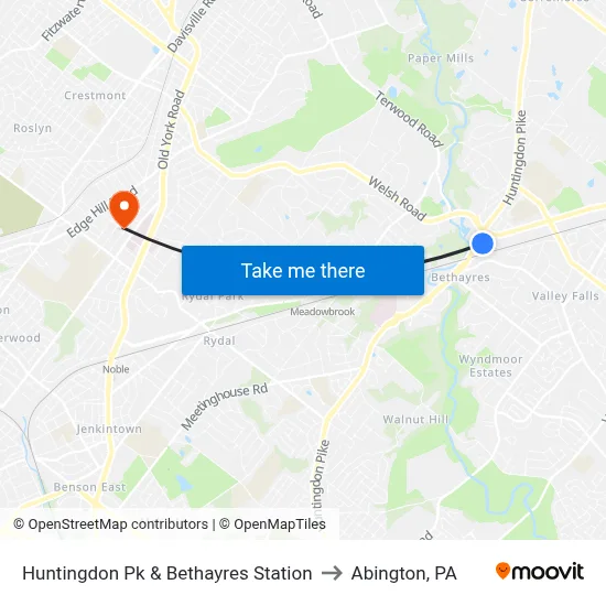 Huntingdon Pk & Bethayres Station to Abington, PA map