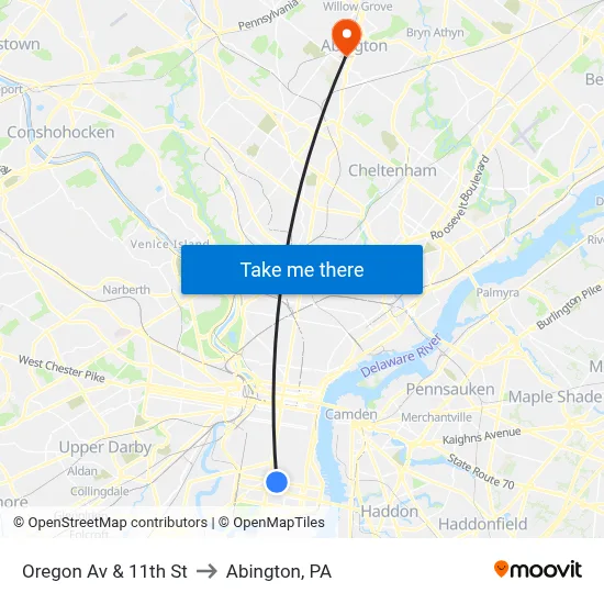 Oregon Av & 11th St to Abington, PA map