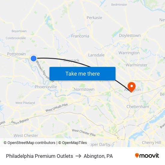 Philadelphia Premium Outlets to Abington, PA map