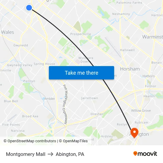 Montgomery Mall to Abington, PA map