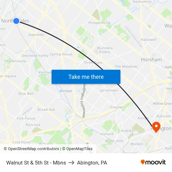 Walnut St & 5th St - Mbns to Abington, PA map