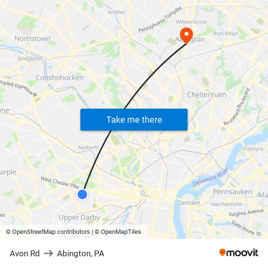 Avon Rd to Abington, PA map