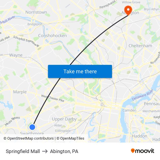 Springfield Mall to Abington, PA map