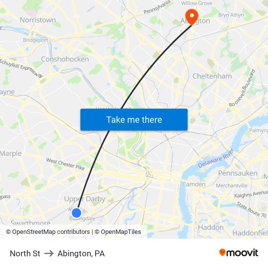 North St to Abington, PA map