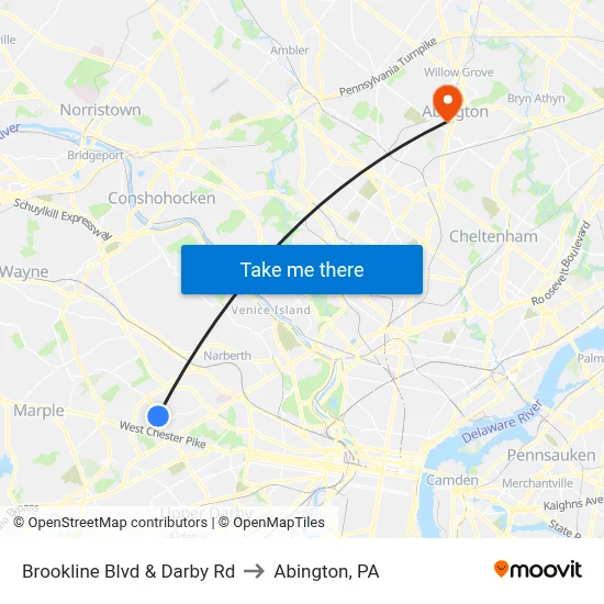 Brookline Blvd & Darby Rd to Abington, PA map