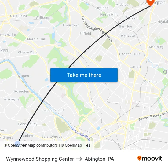 Wynnewood Shopping Center to Abington, PA map