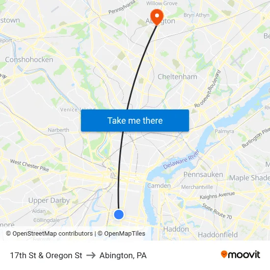 17th St & Oregon St to Abington, PA map