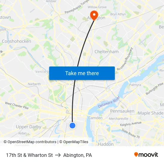 17th St & Wharton St to Abington, PA map