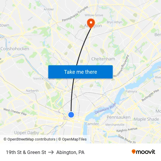 19th St & Green St to Abington, PA map