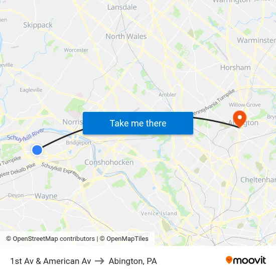 1st Av & American Av to Abington, PA map