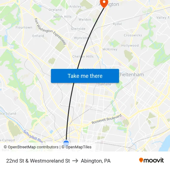 22nd St & Westmoreland St to Abington, PA map