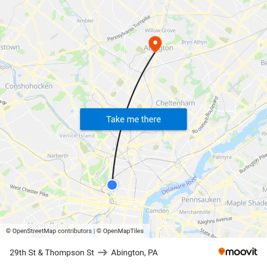 29th St & Thompson St to Abington, PA map