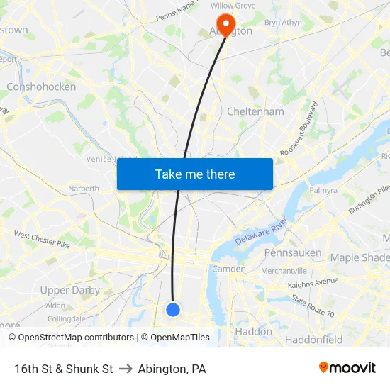 16th St & Shunk St to Abington, PA map