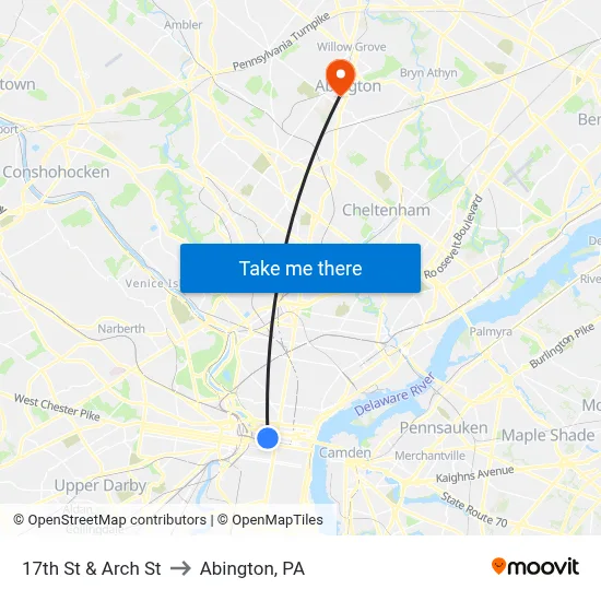 17th St & Arch St to Abington, PA map