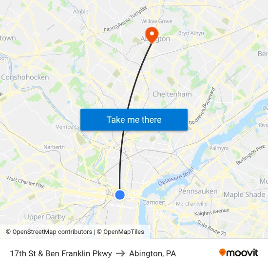 17th St & Ben Franklin Pkwy to Abington, PA map