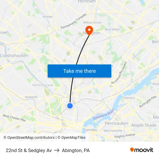 22nd St & Sedgley Av to Abington, PA map