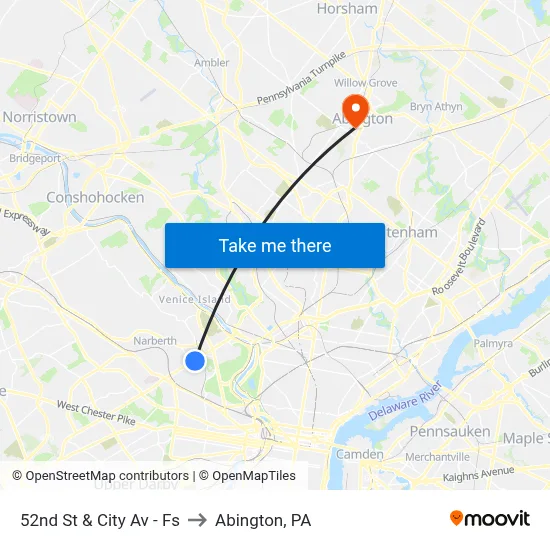 52nd St & City Av - Fs to Abington, PA map