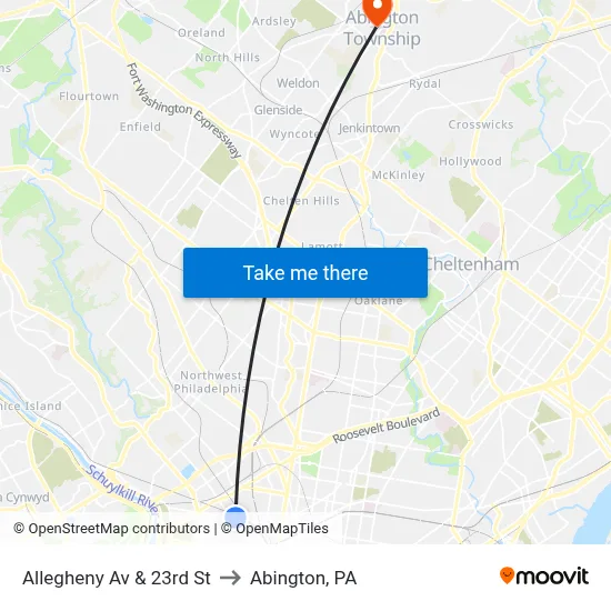 Allegheny Av & 23rd St to Abington, PA map