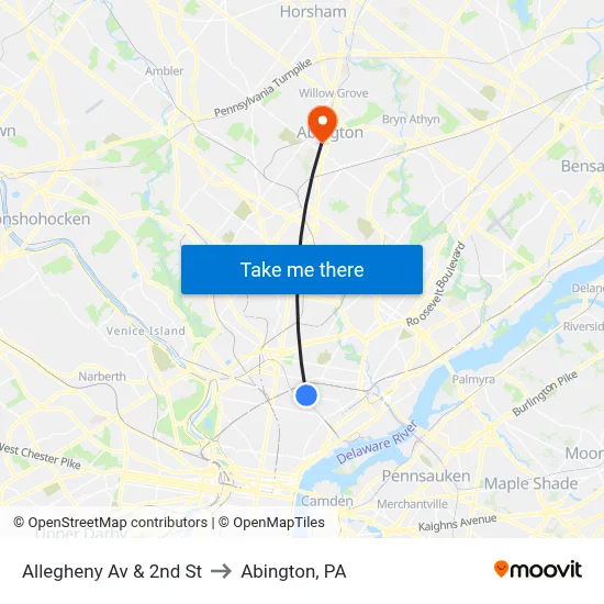 Allegheny Av & 2nd St to Abington, PA map
