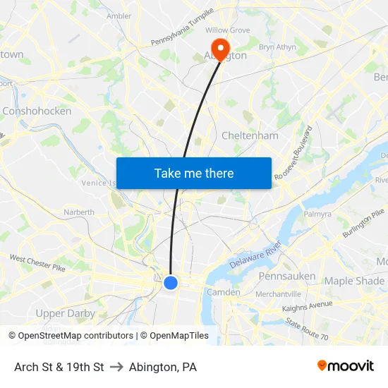 Arch St & 19th St to Abington, PA map