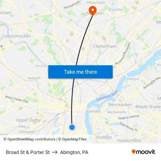 Broad St & Porter St to Abington, PA map