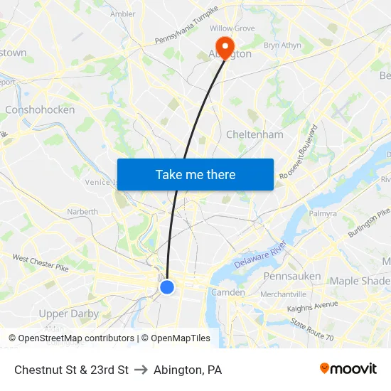 Chestnut St & 23rd St to Abington, PA map