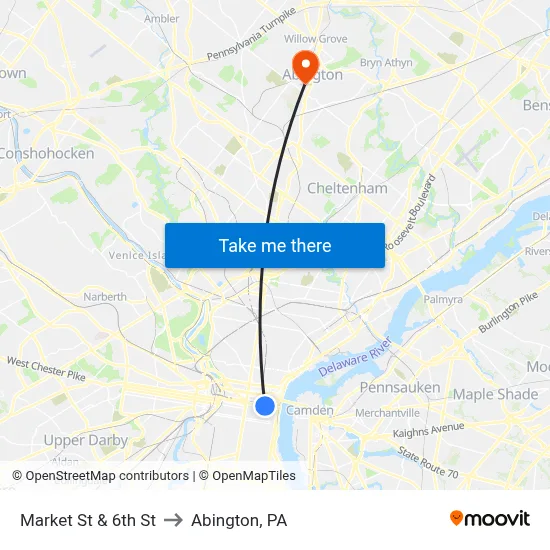 Market St & 6th St to Abington, PA map