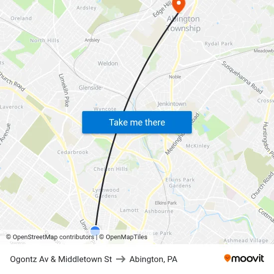 Ogontz Av & Middletown St to Abington, PA map