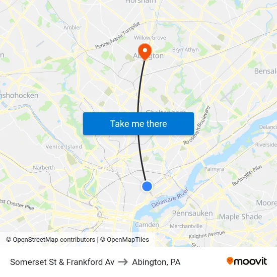 Somerset St & Frankford Av to Abington, PA map