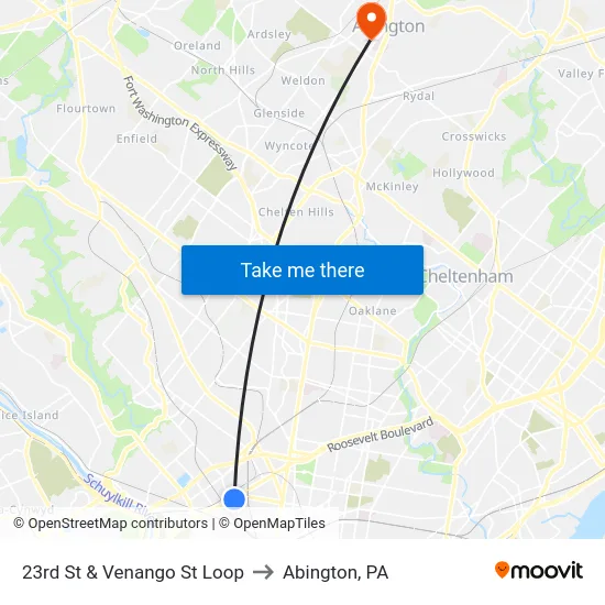 23rd St & Venango St Loop to Abington, PA map