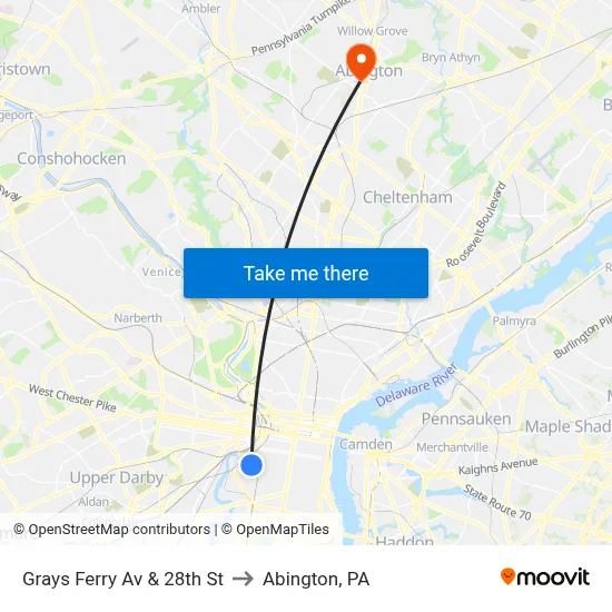 Grays Ferry Av & 28th St to Abington, PA map