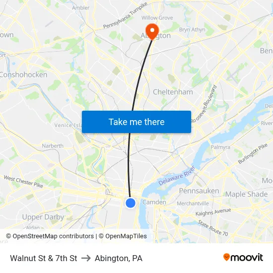 Walnut St & 7th St to Abington, PA map
