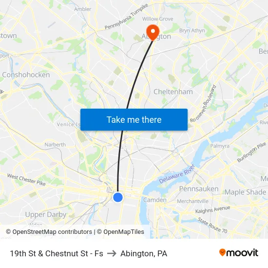 19th St & Chestnut St - Fs to Abington, PA map