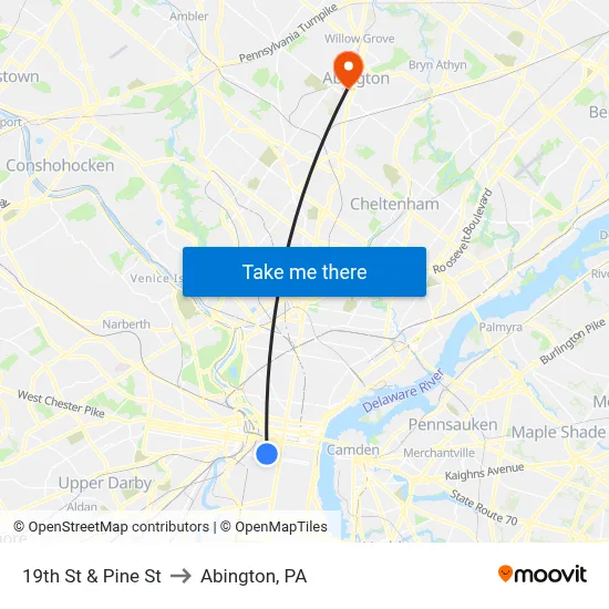 19th St & Pine St to Abington, PA map