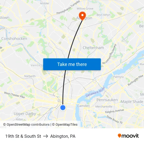 19th St & South St to Abington, PA map
