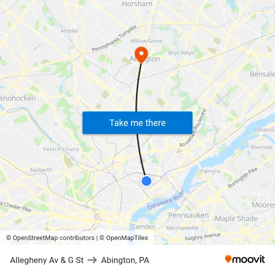 Allegheny Av & G St to Abington, PA map