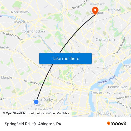 Springfield Rd to Abington, PA map