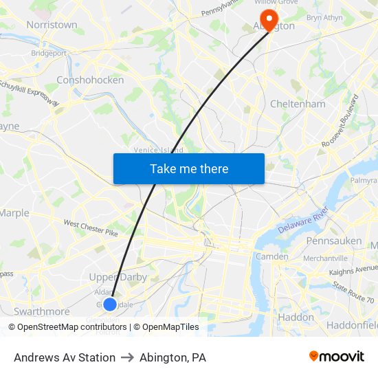 Andrews Av Station to Abington, PA map