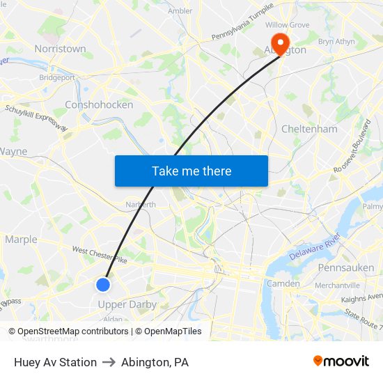 Huey Av Station to Abington, PA map