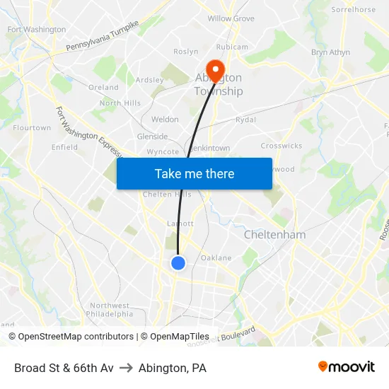 Broad St & 66th Av to Abington, PA map