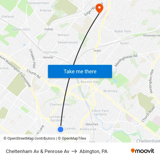Cheltenham Av & Penrose Av to Abington, PA map